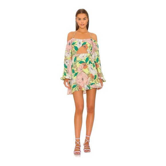 Revolve X AFRM Spring Lime Bouquet Floral Dolly Off The Shoulder Mini Dress | M - Picture 2 of 16